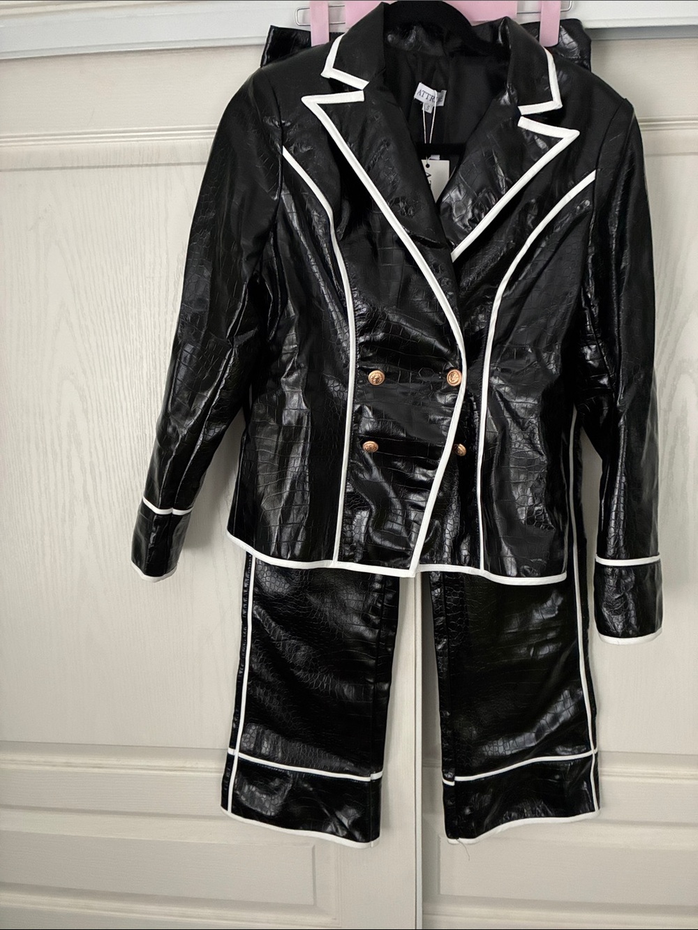 Black Faux-Leather Double-Breasted Jacket with White Trim